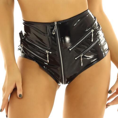Womens Rave Festival Shorts Wet Look Patent Leather Pole Dance Shorts High-Waisted Front Zip Up Rave Booty Shorts Hot Pants