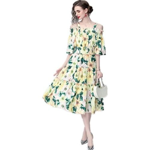 2021 New Spring Summer Women Sexy Slash neck Off Shoulder Strap Long Dress High Quality Sweet Flowers Print Beach Vacation Dress