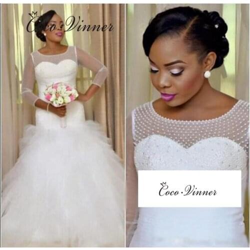 3/4 Sleeves Pure white African Mermaid Wedding Dresses Pearls Beaded Pleat Tassel Ruffles Custom Made Wedding Dress W0467