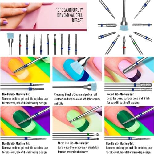 10 Pcs Diamond Nail Drill Bits Set for Acrylic Nail Professional Cuticle Drill Bit Manicure Pedicure for Home Salon & Spa
