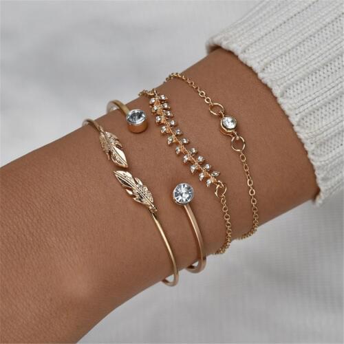 4 Pcs/set Womens Fashion Crystal Leaves Geometric Chain Gold Bracelet Set Bohemian Vintage Bracelets Leaf Jewelry
