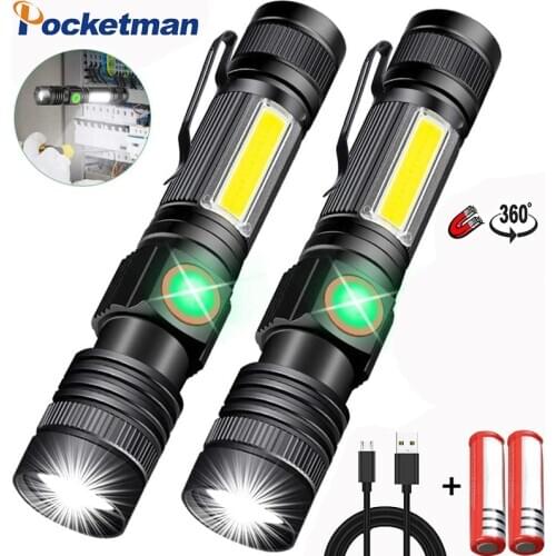 8000LM USB Rechargeable Flashlight Super Bright Magnetic LED Torch with Cob Sidelight a pocket clip Zoomable for Camping