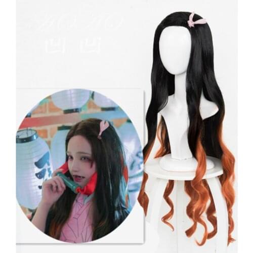 95cm/37" Japanese Anime Demon Slayer: Kimetsu no Yaiba women Kamado Nezuko cosplay wig sister black with orange long wavy hair