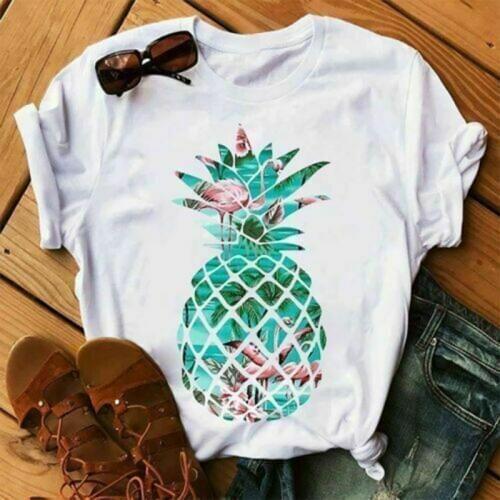 White Plus Size Womens T-shirt Flamingo Pineapple Print 2020 New Fashion Summer Short Sleeve O-Neck Casual Top Tee Tshirt