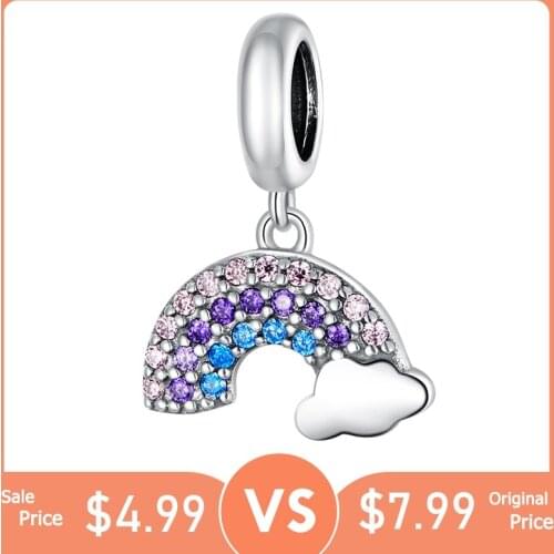 BISAER Colorful Rainbow Beads 925 Sterling Silver AAA Zircon Charms Pendant Fit DIY Bracelet Necklace Accessories ECC1625