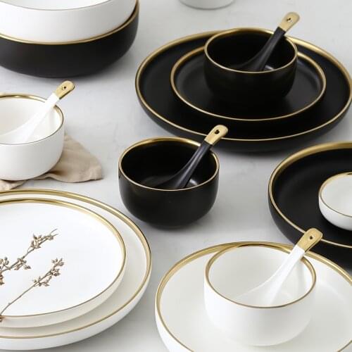 White Black Dish Luxury Round Gold Stroke Ceramic Dinner Plate Porcelain Steak Tableware Rice Soup Bowl Spoon Dish