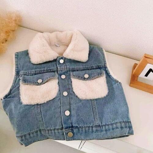 Winter Girls Denim Vest Baby Sleeveless Coat Toddler Jacket Kids Warm Clothes New Fashion Fur Velvet Pocket Patch 1 To 7 Yrs