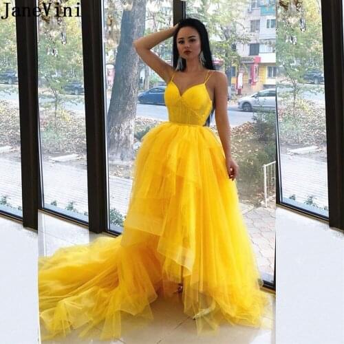 JaneVini Elegant Golden Yellow Prom Dresses Beaded Short Front Long Back Tiered Tulle Straps Backless Party Gown vestaglia donna