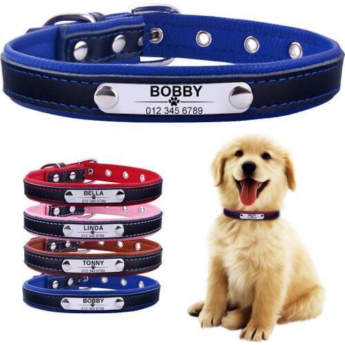 AiruiDog Leather Personalised Dog Collar and Tie Pet Cat Custom Engraved Name ID Tag Puppy Soft L