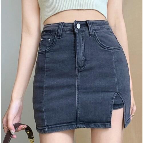 Summer Women Button Denim Harajuku Mini Casual Skirt Ladies Sexy Package Hip High Waist A-Line Slim Denim Skirt Female