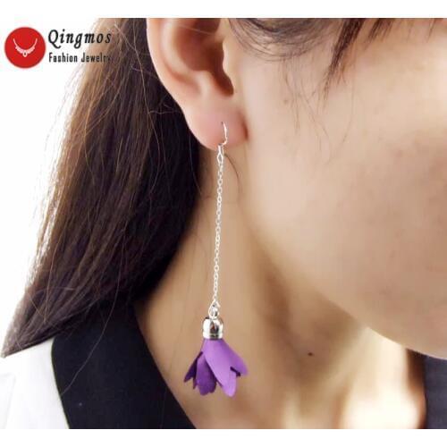 Qingmos Trendy Silk Flower Tassel Earrings for Women with 20*30mm Purple Silk Flower Dangle 3.5'' Earring Fine Jewelry-ear600