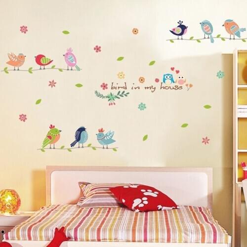 Cartoon birds house tree branch wall decals living room bedroom home decor pvc wall stickers diy mural art decorative posters