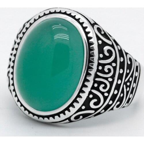 Real Pure 925 Sterling Silver Mens Ring with Green Agate Stone Male Rings Exquisite Carving Vingate Turkish Silver Jewelry Gift