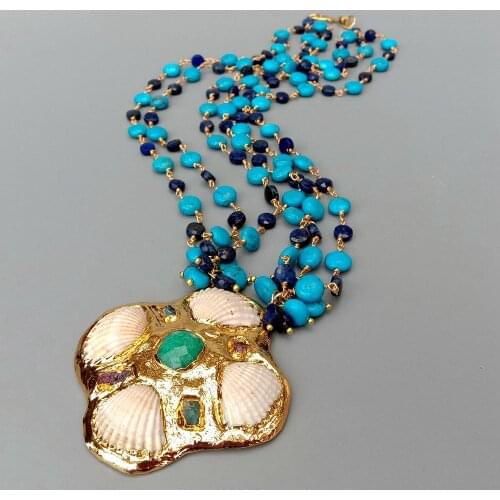 YYGEM White Shell Green Jade Pendant necklace 23" 3 strands Blue Turquoise Lapis Rosary Chain Necklace