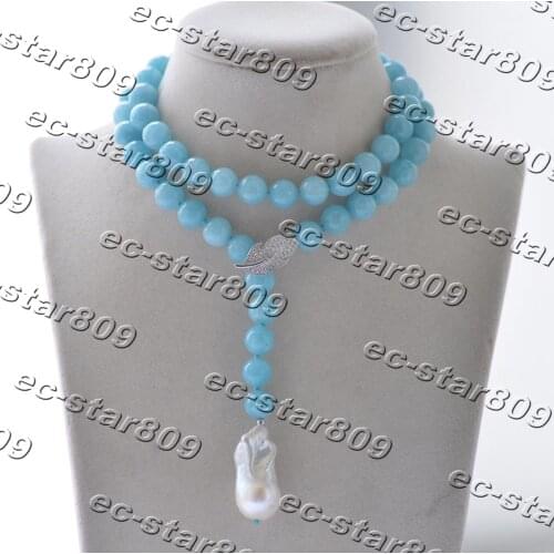 Z11270 27" 30mm Round Blue Aquamarine Bead Necklace White KESHI Pearl Pendant Women Fashion Jewelry