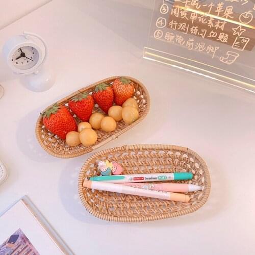 Rattan Basket Hand-Woven Coffee Breakfast Severing Tray Food Storage Platters Bread Plate with Handler For Drink Snack Tea