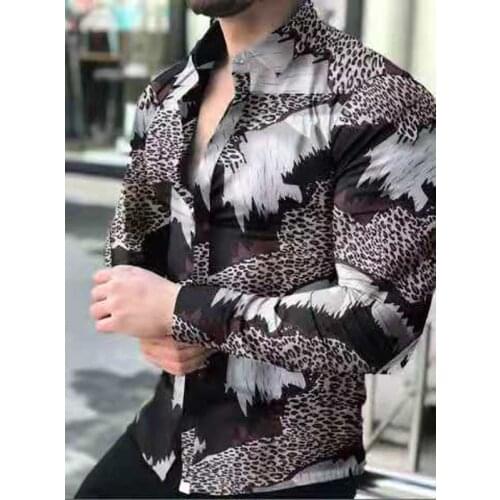 Men Shirt Casual Long Sleeve Vintage Oversize Button-Down Shirt Fashion Irregular Leopard Print Male Business Muscle Slim Tops
