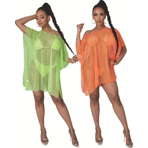 SKMY Mesh See Through Dress New Sexy Club Outfits Fashion Fishnet Hollow Out 2021 Summer Beach Party Sun Dresses For Women