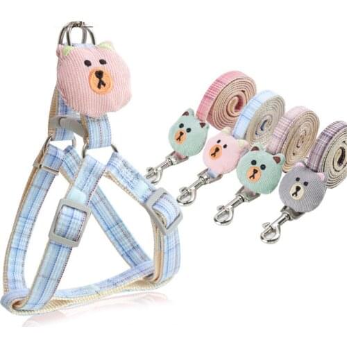 Lattice Pet Harness Leash Set Cute Bear Outdoor Walking Teddy Collar Small Medium Dog Cat Traction Rope Nylon Vest Leads
