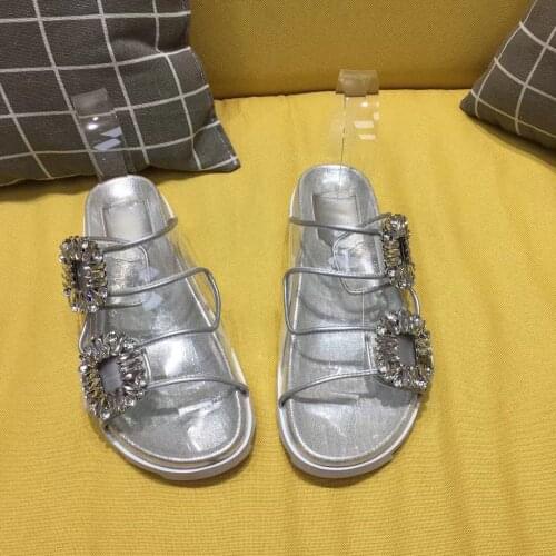 Kmeioo summer outside slides crystal flat sandals jewel flat slippers transparent flats slip-on platform slides shoes