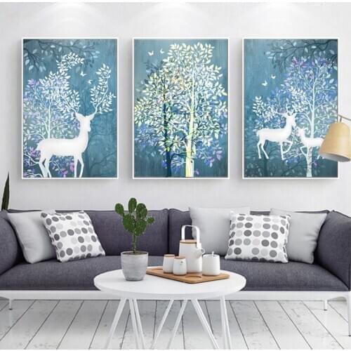 Nordic modern forest elk decorative paintings 3 pieces spray paintings painted on canvas decoration for living room No Framed