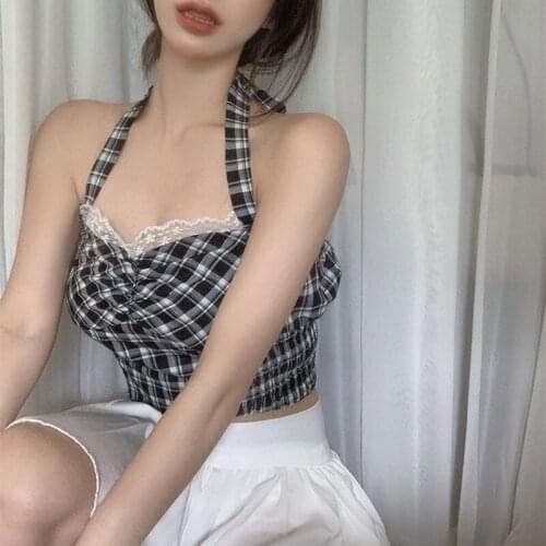 Halter Crop Tops For Women Summer Sleeveless Backless Elegant Plaid Bandage Chic Lace Stitching Wrap Cropped Top Slim Streetwear