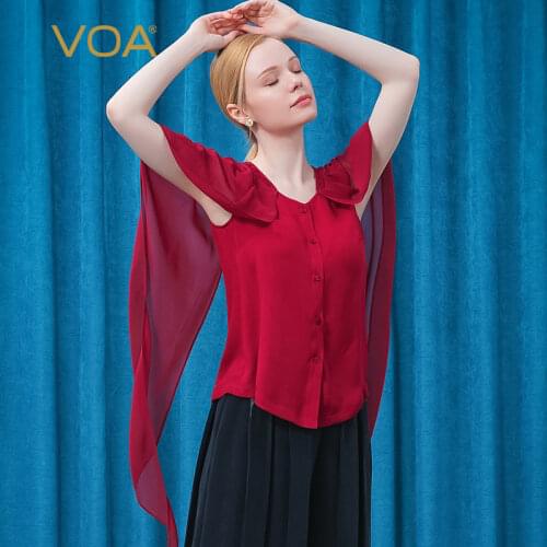 VOA Silk Wine Red Square Collar Sleeveless Three-dimensional Decoration Single-breasted Elegant Party Shirt Womens Tops BE605