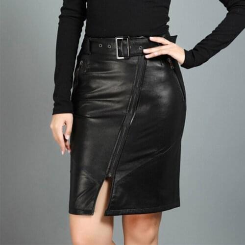 2020 Women Genuine Sashes Zippers High Waist Slim Sheepskin Midi Long Sexy Leather Skirts Ladies Black Streetwear
