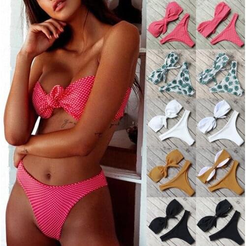 2021 Summer Women Sexy Bandeau Mini Bikini Sets Solid Color Bowknot Tie High Cut Bikini Set Female Two Piece Swimsuit Beach Wear