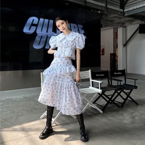 Summer Two Piece Sets Women Peter Pan Collar Puff Sleeve Short Shirt Blouse High Waist Ruffles Skirt Girl Fashion Floral Outfits