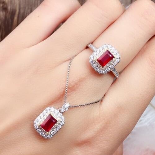 925 Sterling Silver Jewelry Sets for Women Gemstone Bridal Ruby Ring Pendant Necklace Women Wedding Engagement Jewelry