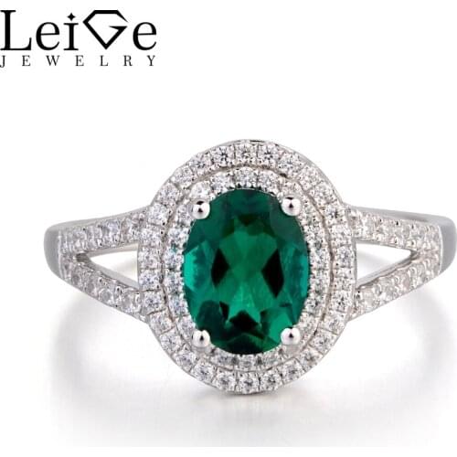 Leige Jewelry Lab Emerald Ring Engagement Ring Oval Cut Green Gemstone Solid 925 Sterling Silver May Birthstone Halo Ring