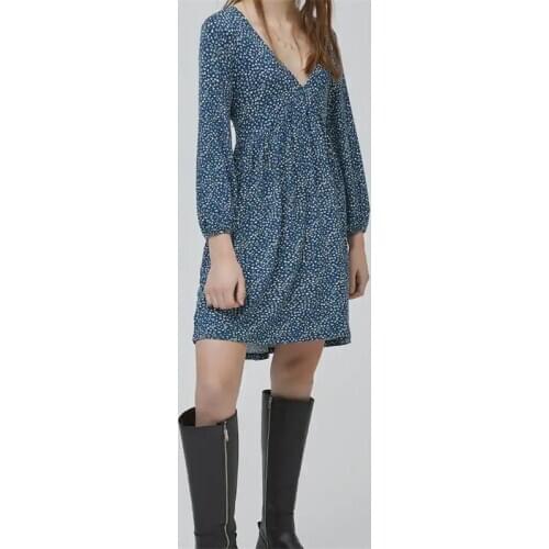 ZXQJ Women 2021 Chic Fashion Print Ruffled Mini Dress V Neck Vintage Long Sleeve Female Dresses Vestidos Mujer