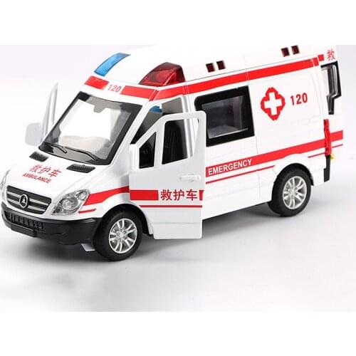 1:32 Hospital Rescue Ambulance Police Metal Cars Model Pull Back Sound Light Alloy Diecast Car Toys Children Boys Gifts CT0325