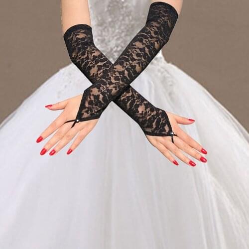 1 Pair Women Long Lace Gloves Elbow Length Thin Fingerless Gloves Sexy Floral Print Lady Mitten Party Dress Accessories