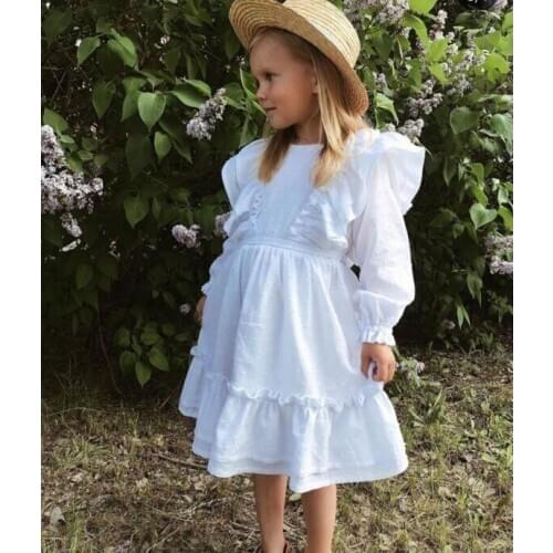 2020 Fall Brief Kids Girls White Dress Ruffle Flying Sleeve Cotton Clothes Lace Children British Style Princess Pleated Dress