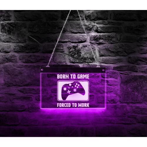 Born To Game Forced To Work Slogan Wall Art Decor Rectangle Colors Changing Led Neon Sign Gift For Game Lover Boys Night Light