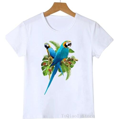 Children’s t-shirts blue parrots animal print cute baby boy & gilr clothes summer white t-shirt top kids unisex clothing tshirt