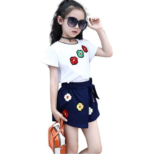 Cute Teens Girls Summer Clothing Set Girls Floral Cotton Suit Kids 2Pcs 2018 New Sport Suit Tshirt+Short For 6 8 10 12 14 years