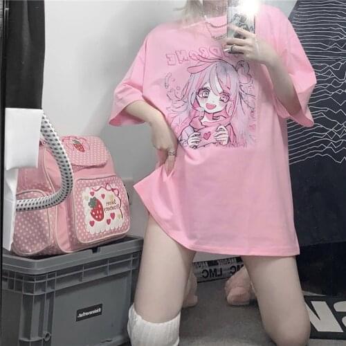 Kawaii cute summer women t shitr Japanese anime Harajuku oversized tops Casual y2k Short sleeve gothic pink femme clothes аниме