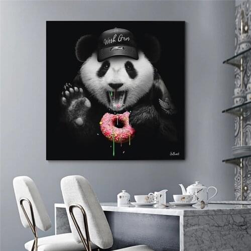 Griffiti Art Canvas Modern Painting Animal Posters and Prints Wall Panda Wearing Black Hat Eating Donut Picture for Room Decor