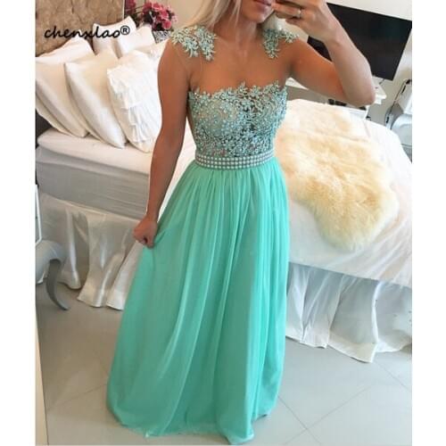 Cap Sleeve Chiffon Turquoise Blue Peals Prom Dresses Elegant Long Applique Cheap Formal Dresses Modest Graduation Dresses