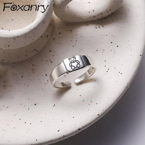 Foxanry 925 Sterling Silver Rings INS Fashion Vintage Couples Simple Cute Bear Pattern Party Jewelry Birthday Gifts Wholesale