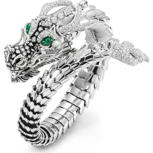 Huitan Whole Dragon Open Ring for Men Green Eyes Heroic Spirit Silver Color Dragon Hyperbole Male Rings Punk Style Men Jewelry