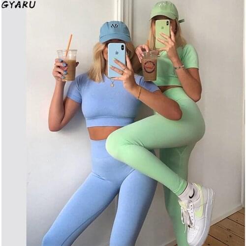 GYARU Yoga Set Women Seamless Set Women Yoga Set Short Sleeve Crop Top High Waisted Sports Pants Gym Clothing Jogging Suits