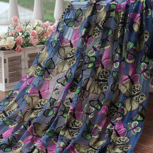 Lace trim 142cm Wide Beautiful butterfly Embroidered High quality wedding lace Fabric ,Blue mesh