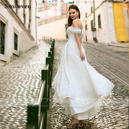 Smileven High Low Lace Wedding Dresses Off The Shoulder Boho Bride Gowns Robe De Mariee Corset Wedding Bridal Gowns Custom Made