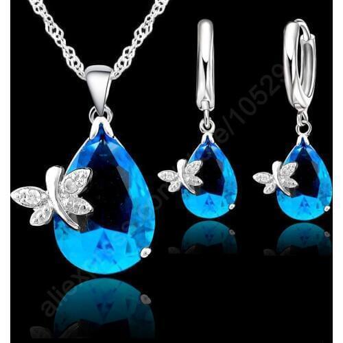 Elegant Dragonfly Water Drop Jewelry Set 925 Sterling Silver Pendant Necklace Earring AAA Cubic Zirconia Big Promotion