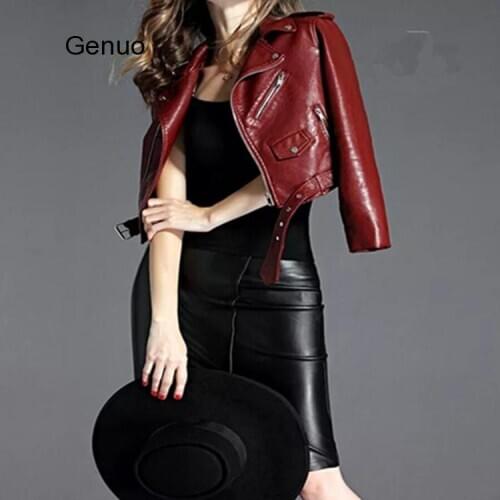 2020 New Fashion Women Autunm Winter Black Blue Fake Faux Leather Jackets Lady Pu Zipper Pocket Motorcycle Outerwear Coat Belt