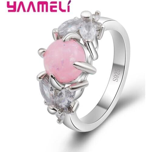 Wholesale Price Genuine 925 Sterling Silver Jewelry Rings for Women Girls Paved High Quality Pink Opal Stone Wedding